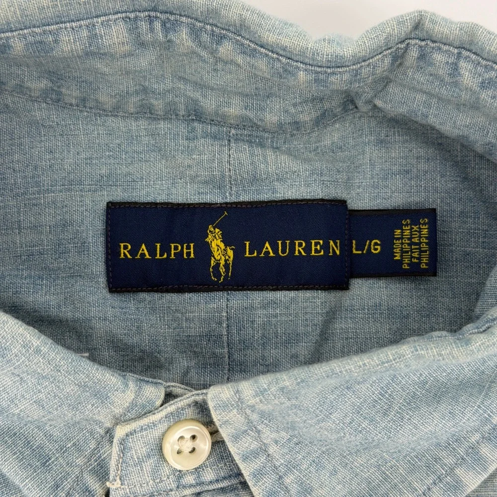 Ralph Lauren Button Down Mens Large Light Blue Chambray Denim Long Sleeve Shirt - Picture 5 of 10